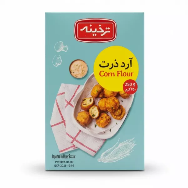 Tarkhineh corn flour 250g box with yellow label showing fried snacks
