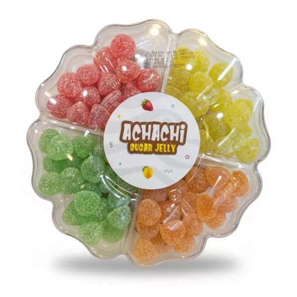 Achachi brand sugar jelly in mixed fruit flavours in a clear divided plastic tray