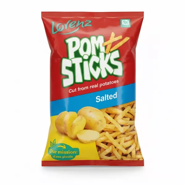 Front view of Lorenz Pomsticks salted potato snack bag