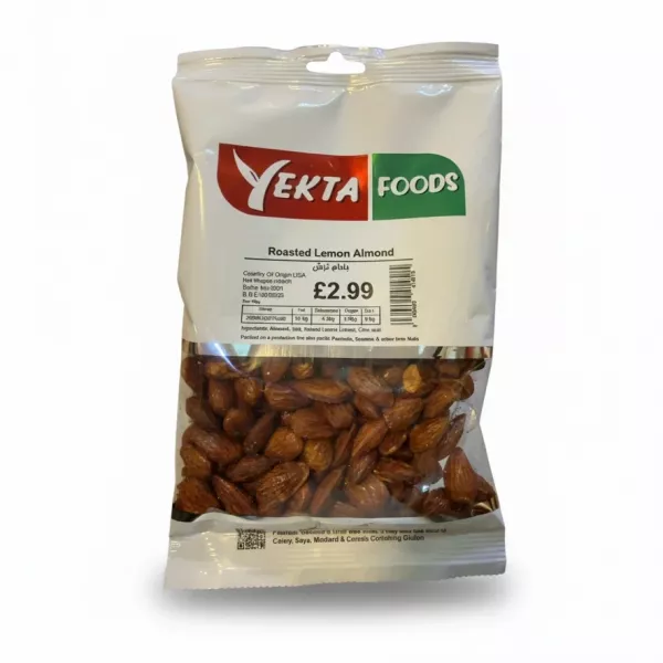 Front view of Yekta Foods roasted lemon almonds package