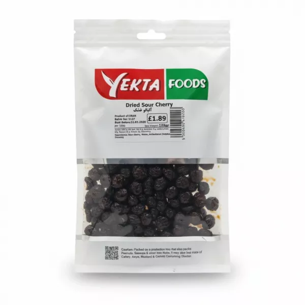Yekta Foods brand dried sour cherries in a clear and white resealable bag