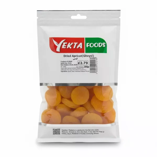 Yekta Foods Dried Apricot Gheysi front of packaging showing dried apricots