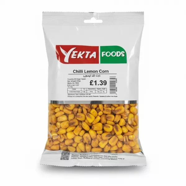 front of Yekta Foods chilli lemon corn snack pack