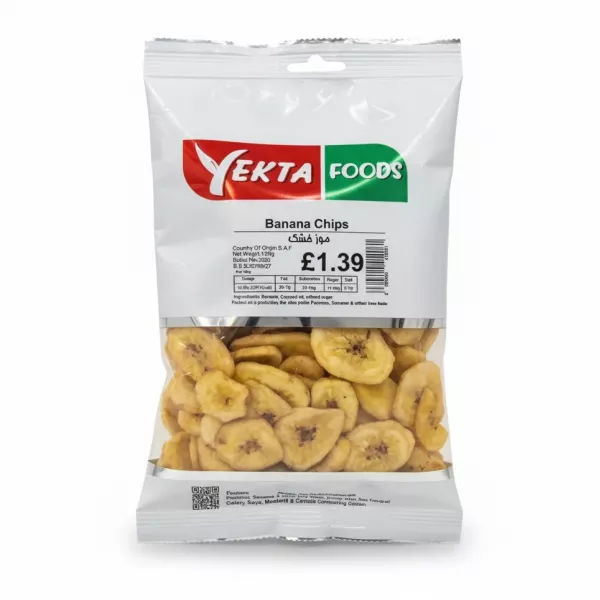 Front view of Yekta Foods Banana Chips pack showing banana slices inside