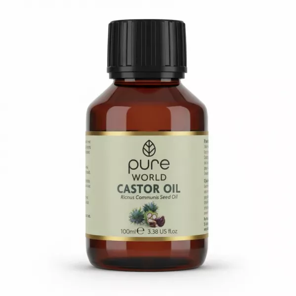 100ml bottle of Pure World Castor Oil with label showing product name