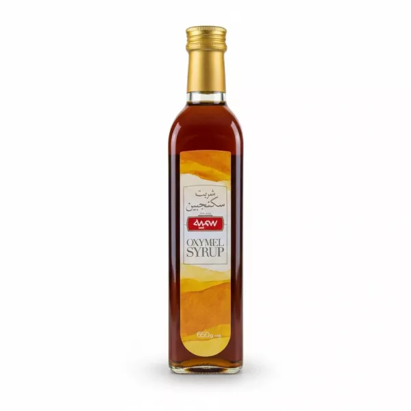 Bottle of Somayeh Oxymel Syrup with gold cap and amber liquid inside