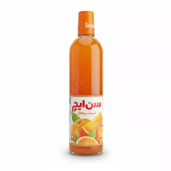 bottle of Sunich orange syrup with orange cap and citrus label front view
