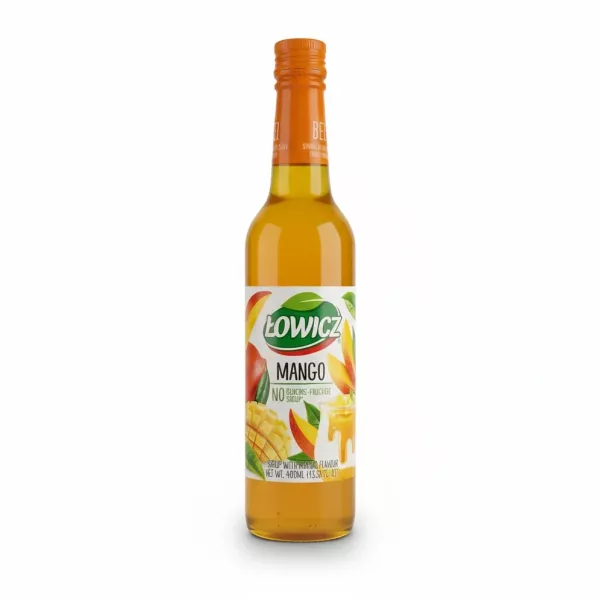 Bottle of Lowicz mango syrup with orange cap and mango illustrations on label