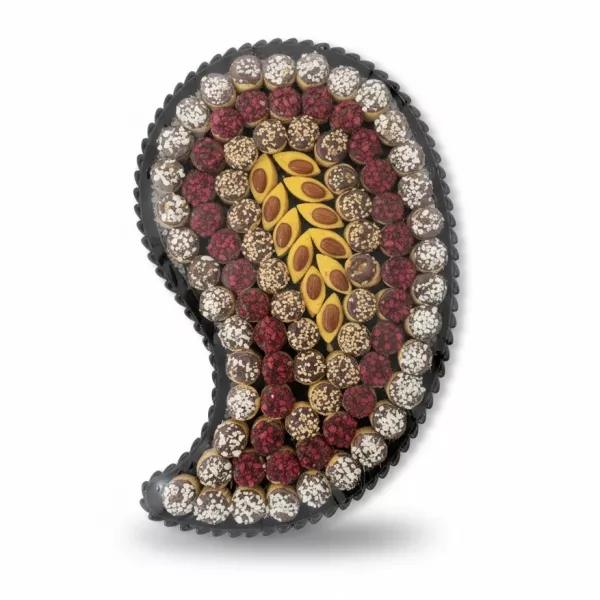 Sweet House mix sweets in a paisley-shaped tray wrapped in clear plastic