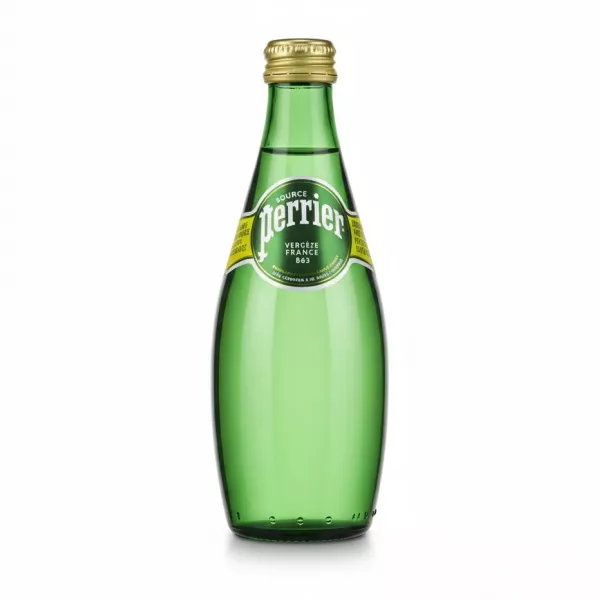 Green glass bottle of Perrier sparkling mineral water