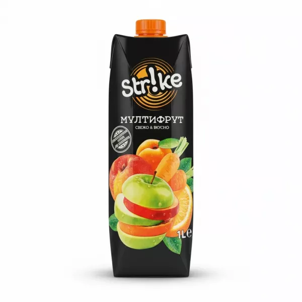 Strike Multifruit Juice 1L carton with fruit images and orange cap front view