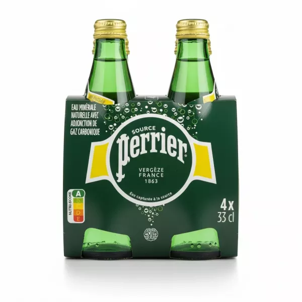 Perrier sparkling mineral water pack of four green glass bottles