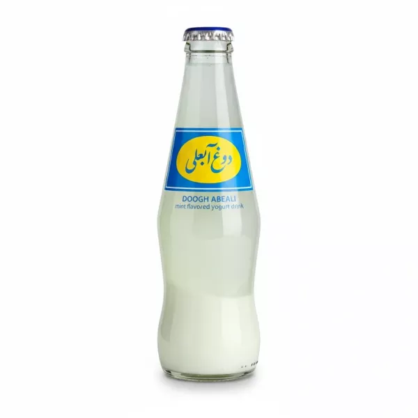 Glass bottle of Doogh Abeali mint flavoured yoghurt drink
