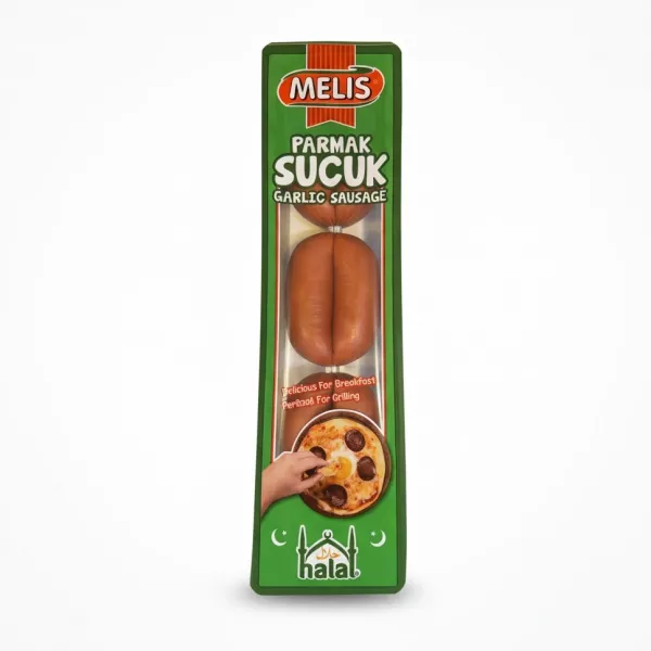 Packaged Melis Parmak Sucuk garlic sausage with green labelled box