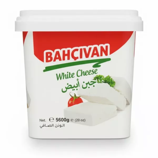 Bahcivan branded white cheese in a white and red resealable container with portioned slices visible on the packaging