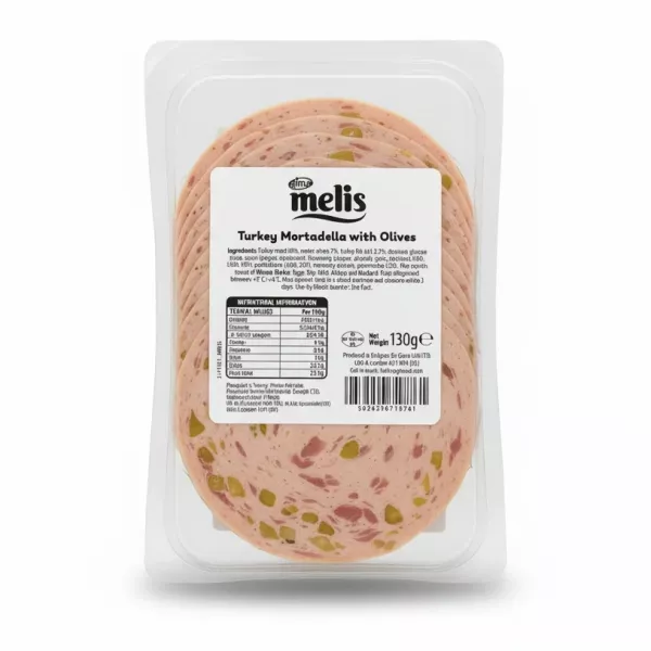 Back label of Melis Turkey Mortadella with Olives showing nutrition and ingredients