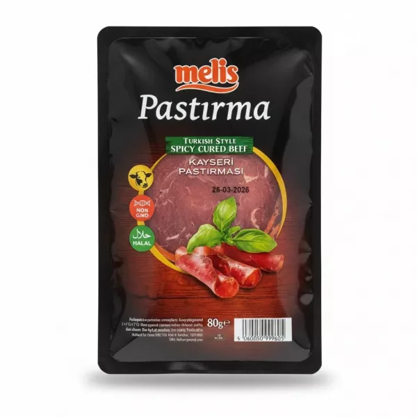 Front packaging of Melis Pastirma spicy cured beef