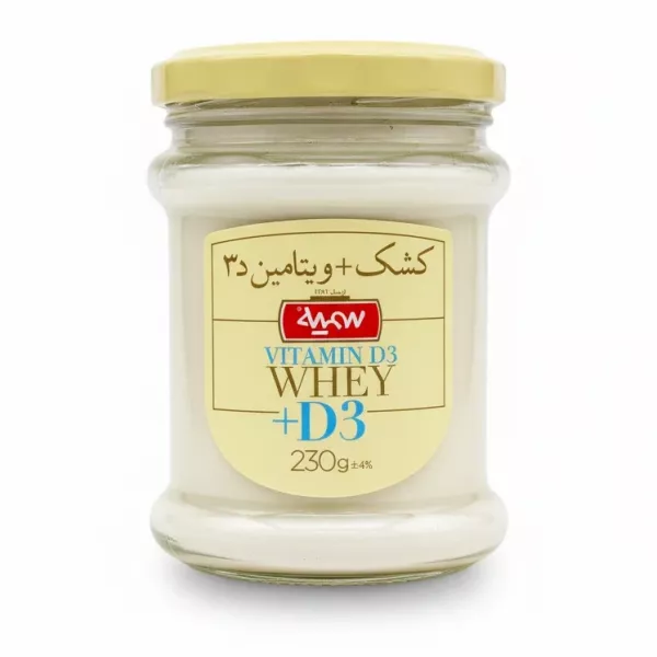 Glass jar of Somayeh Whey Protein with Vitamin D3 front label