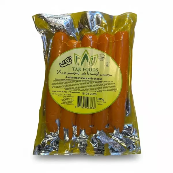 Tak Foods Jumbo Beef Sausages with Cheese vacuum-sealed pack front view