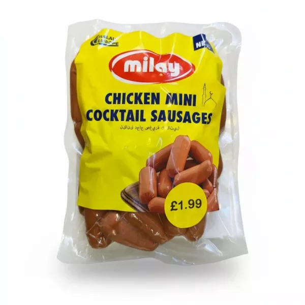 Pack of Milay Chicken Mini Cocktail Sausages in yellow packaging
