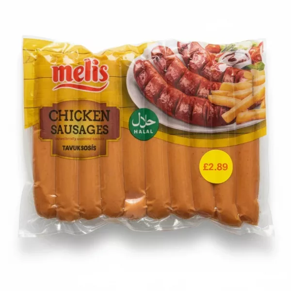 Pack of Melis Chicken Sausages with yellow and brown packaging