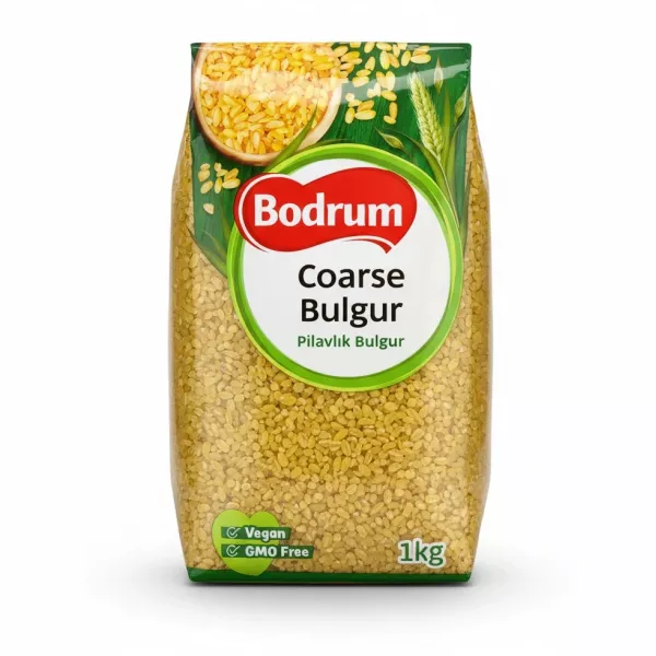 Pack of Bodrum coarse bulgur wheat showing grains inside clear packaging