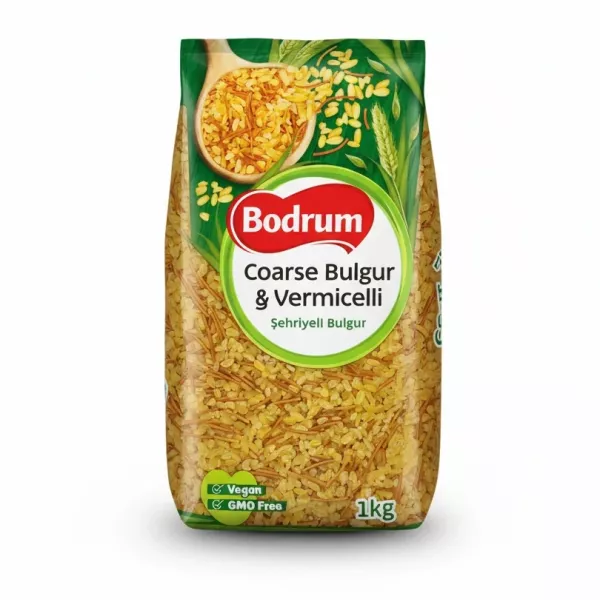 Pack of Bodrum Coarse Bulgur & Vermicelli showing bulgur and vermicelli grains