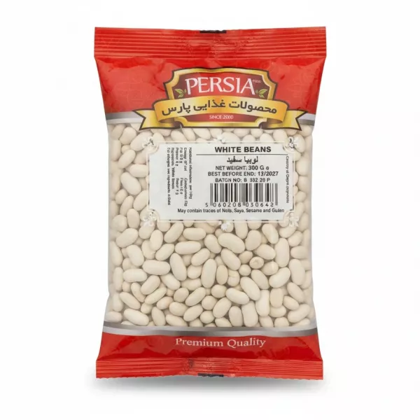 Front view of Persia White Beans 300g pack showing product and label