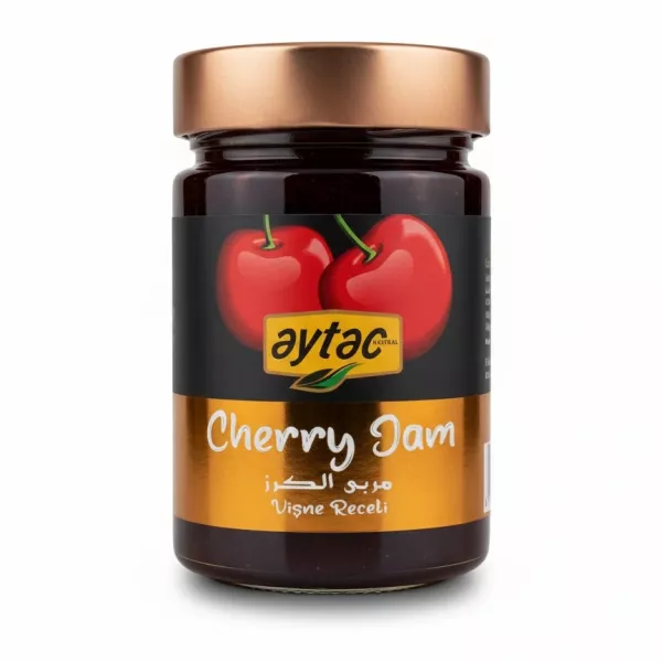 Jar of aytac Cherry Jam with cherry illustration on label