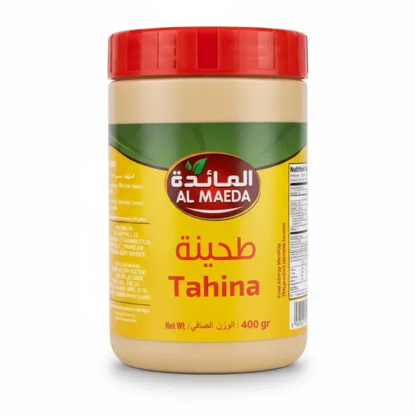 Jar of Al Maeda Tahina Sesame Paste with red lid