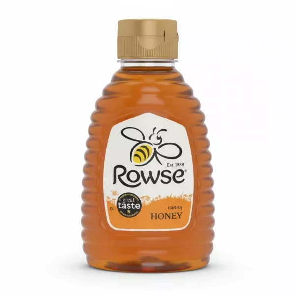 Rowse Runny Honey plastic bottle with bee logo on front