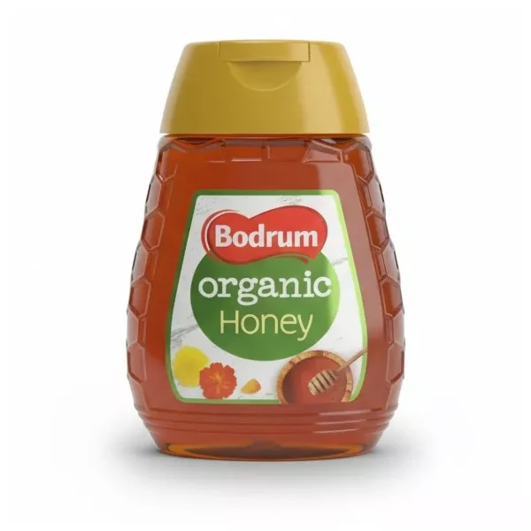 Bottle of Bodrum Organic Honey with yellow cap and honeycomb shaped container