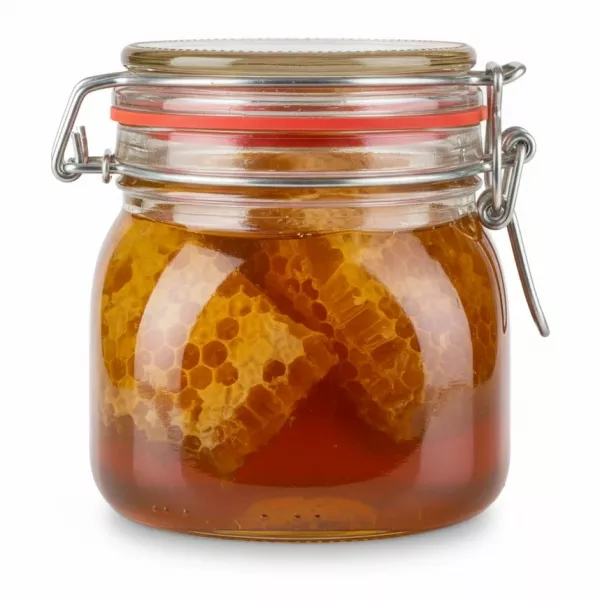 Glass jar of Hasbal syrup with visible honeycomb inside