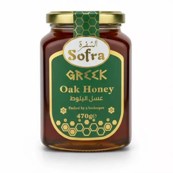 Jar of Sofra Greek Oak Honey with green label