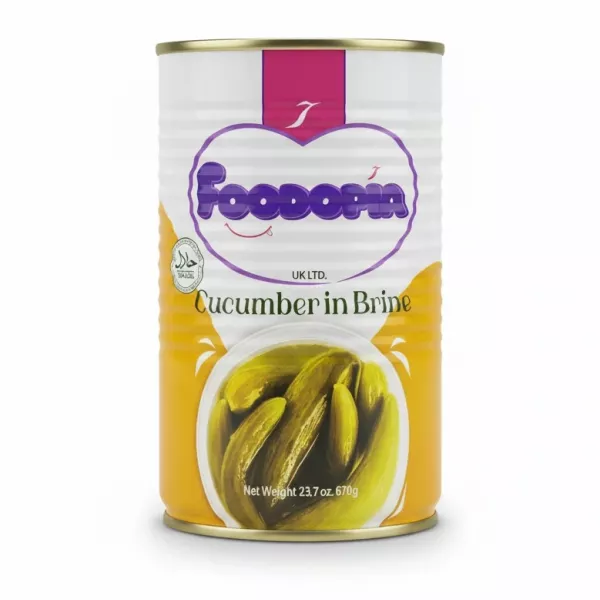 Foodopia brand can of mini cucumbers in brine