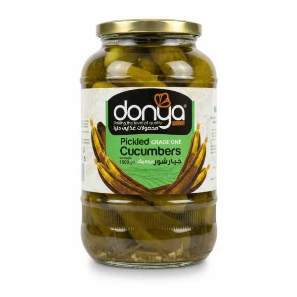 Jar of Donya Pickled Grade One Cucumbers with label