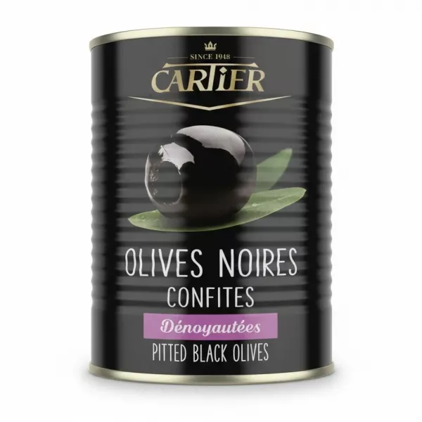 Tin of Cartier brand pitted black olives
