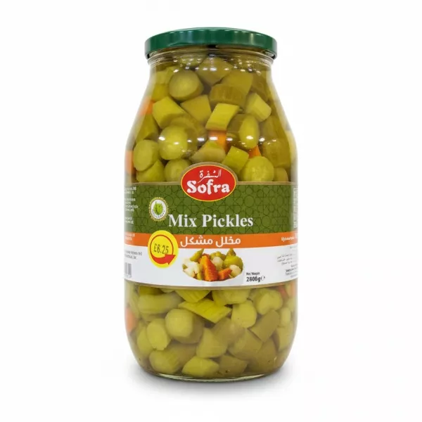 Jar of Sofra Mix Pickles showing sliced pickled cucumbers and carrots in brine