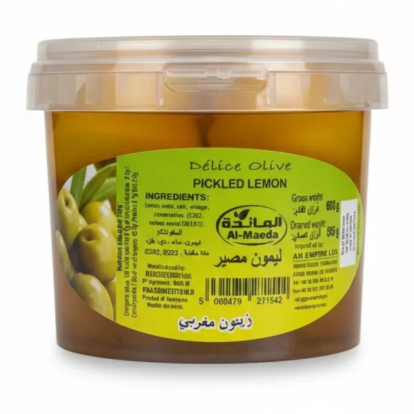 Clear tub of Al-Maeda pickled lemons with yellow label showing ingredients