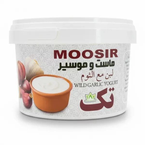Plastic tub of Moosir wild garlic yogurt with garlic bulb image
