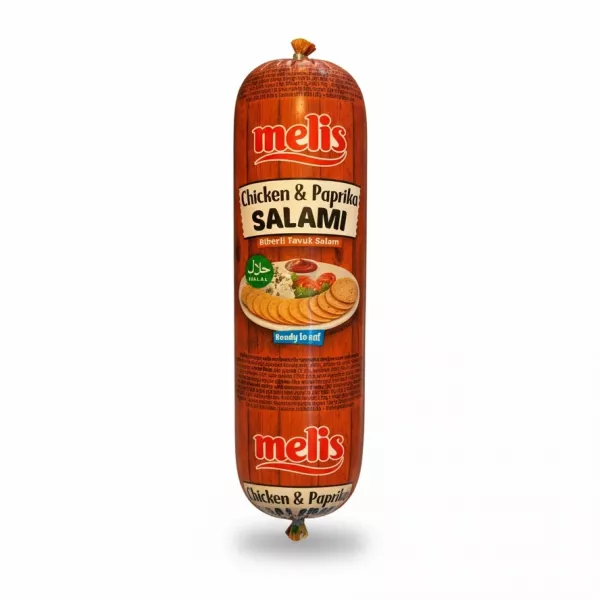 Melis Chicken & Paprika Salami in brown packaging held in hand with halal label