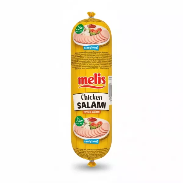Melis Chicken Salami wrapped in yellow packaging with halal logo