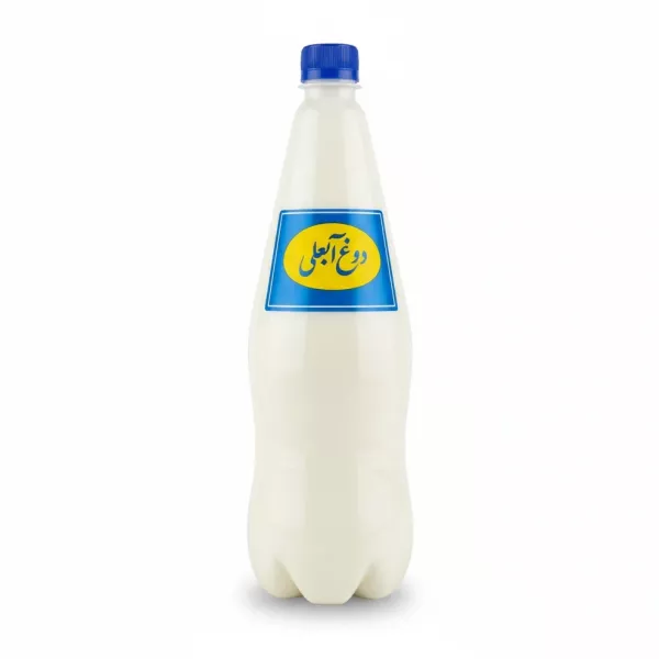 Bottle of Doogh Ajeeli traditional yogurt drink with blue cap and yellow-blue label