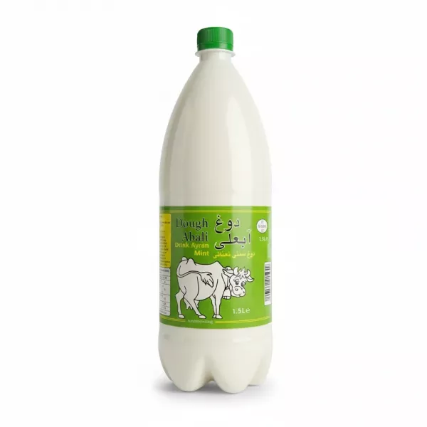 1.5L bottle of Abali Dough Mint Drink Ayran with green label and cow illustration
