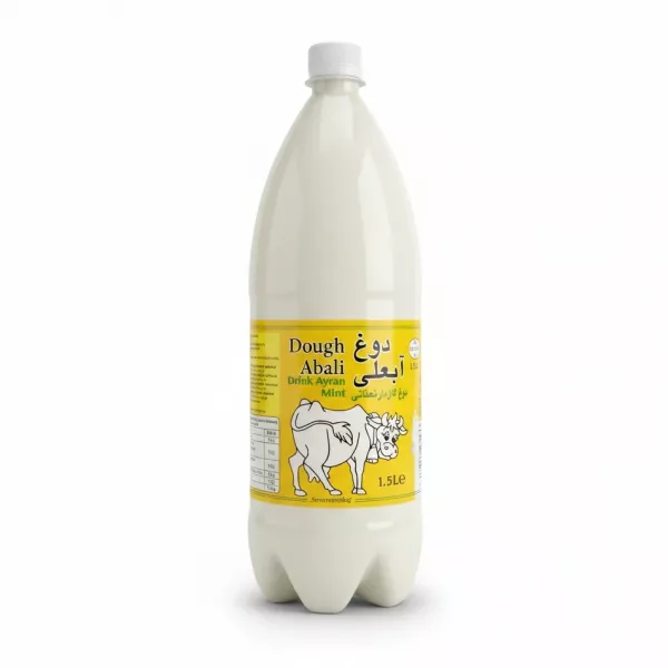 1.5L bottle of Dough Abali Mint Ayran drink with yellow label and cow graphic