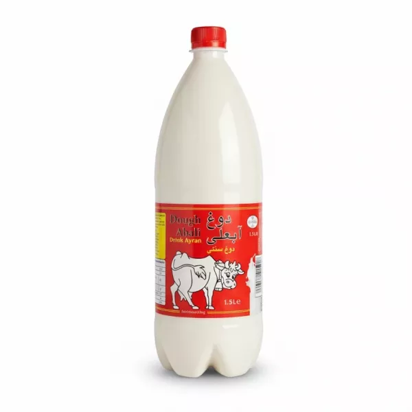 1.5L bottle of Abali Dough sparkling ayran drink with red label and cow illustration
