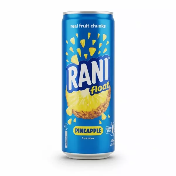 Can of Rani Float pineapple fruit drink with bright blue packaging and pineapple image
