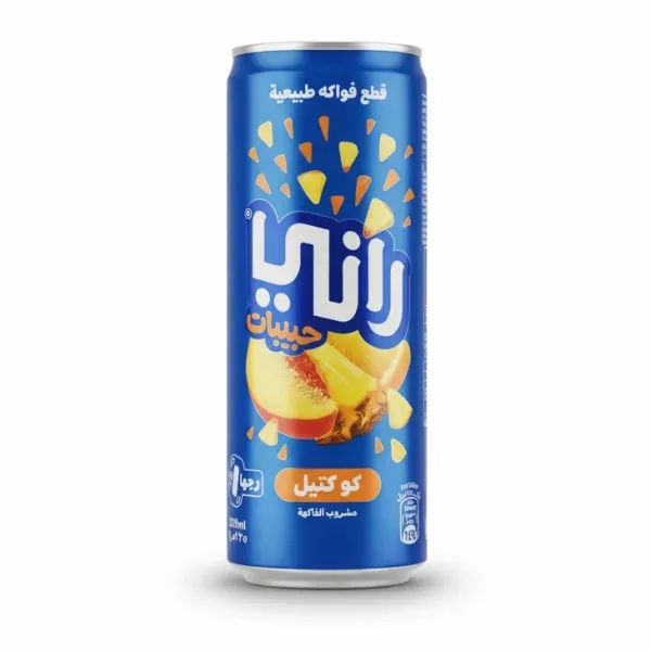 Can of Rani Fruit Cocktail with peach and pineapple images on blue can