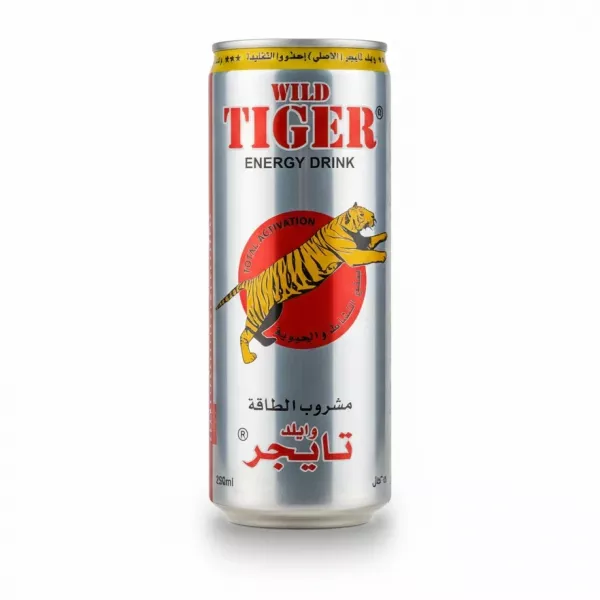 Wild Tiger Energy Drink silver can with tiger logo
