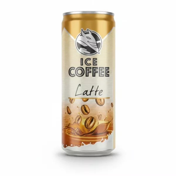 Can of Halalo Ice Coffee Latte with coffee beans and splash design